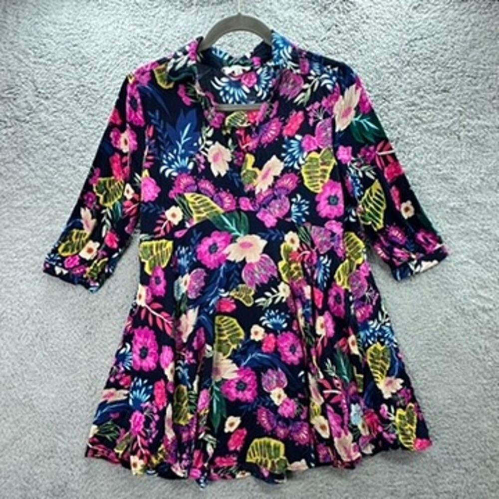 Umgee Medium Bright Floral Tunic Top V-Neck 3/4 Sleeves‎ Boho Casual Flowy Beach